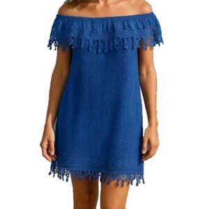Elie Tahari Dress Blue Size 4 NWT Crochet Off Shoulder Tank Overlay MSRP $398
